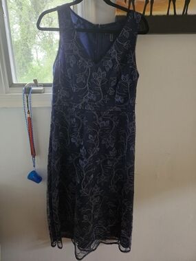Adrianna Papell Navy Floral Embroidered Midi Dress